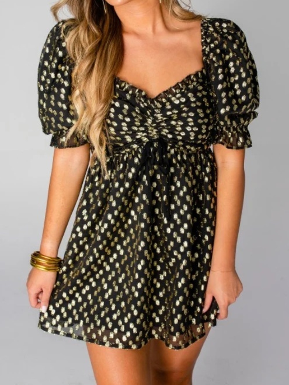 Buddy Love Black Mini Dress with Gold Spot Print and Puff Sleeves